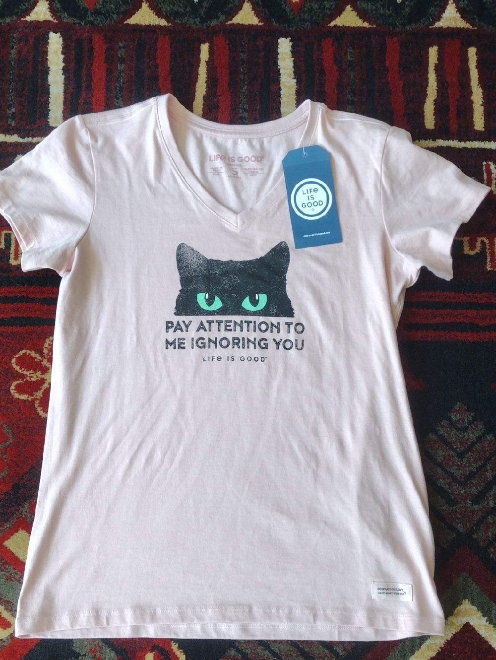 Life Is Good Light Pink Cat Graphic Tee with Green Eyes